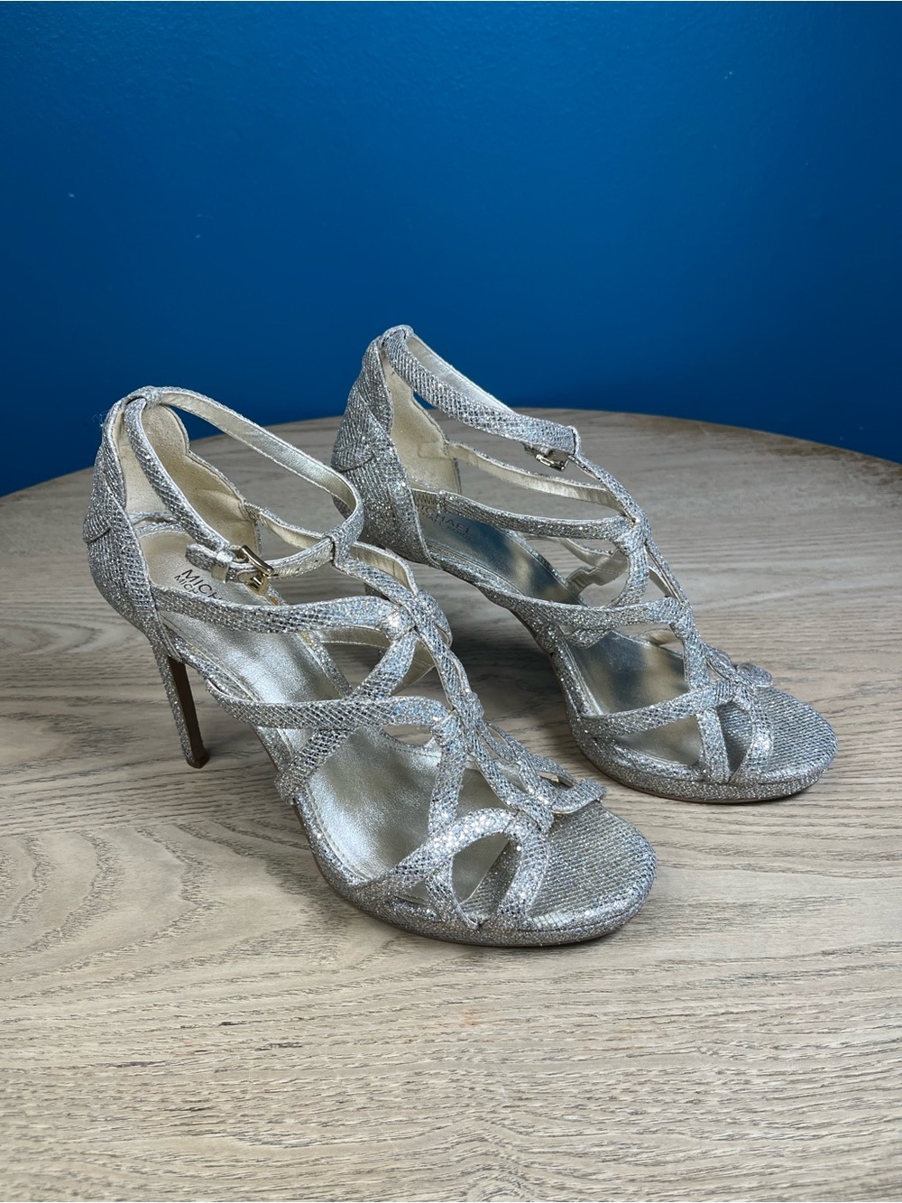 MICHAEL Michael Kors Sandra Glitter Platform Cage Heels Silver Women’s Size 9.5